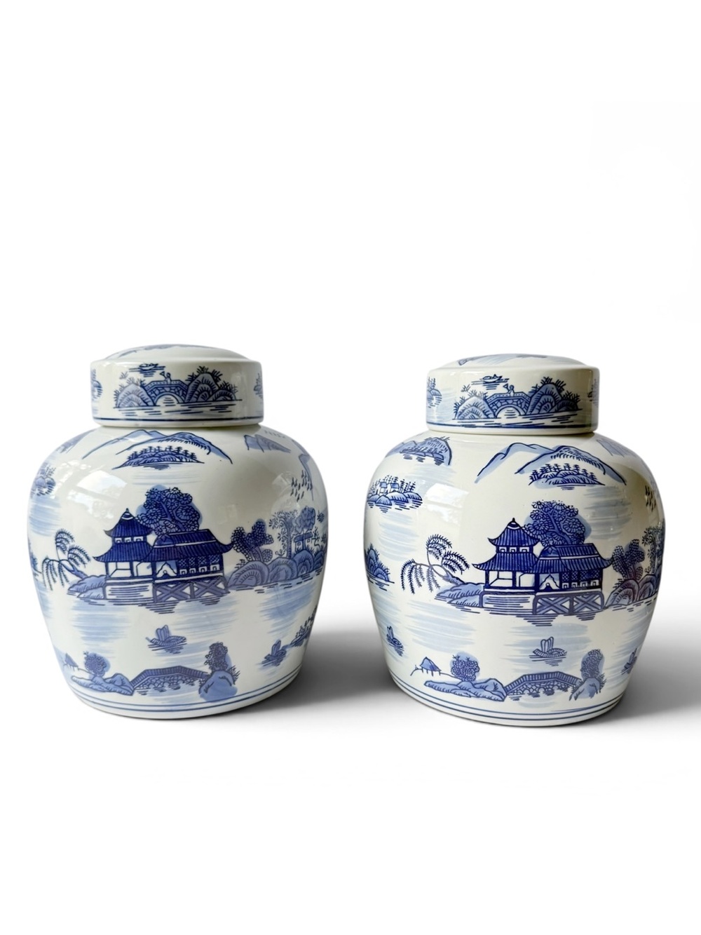 Set of Blue White Chinoiserie Pagoda Landscape Ginger Jars 10”